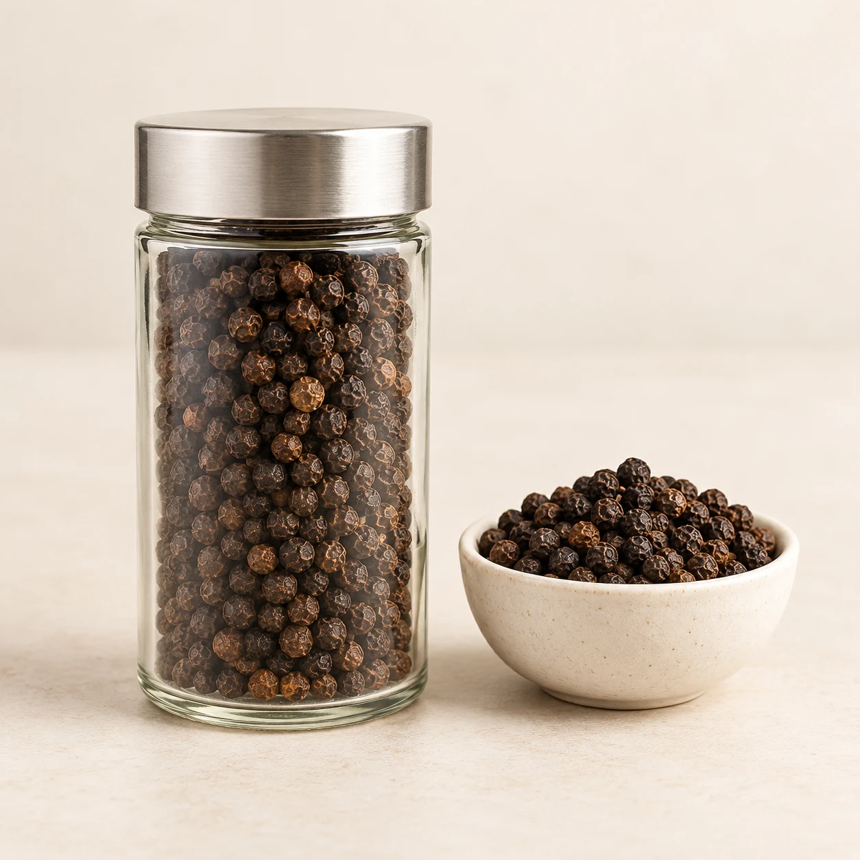 Whole black peppercorns